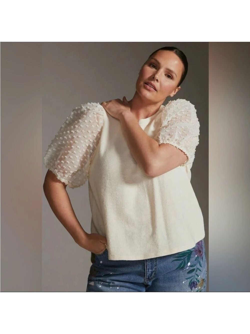 Anthropologie Maeve Ivory Puff Sheer Sleeve Top Small